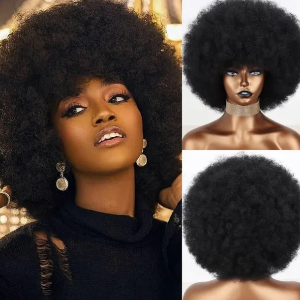 Short 70s Afro Wigs for Black Women Large Synthetic Black Short Afro Wig 70's 8 Inches 60s Afro Wig for Women Bouncy and Soft Natural Looking Halloween Cosplay Party Wigs