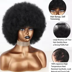 Short 70s Afro Wigs for Black Women Large Synthetic Black Short Afro Wig 70's 8 Inches 60s Afro Wig for Women Bouncy and Soft Natural Looking Halloween Cosplay Party Wigs