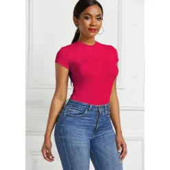 Short Sleeve Shaping Bodysuit, Tummy Control Slim Round Neck Body Shaper, Women's Underwear & Shapewear