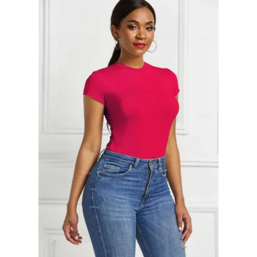 Short Sleeve Shaping Bodysuit, Tummy Control Slim Round Neck Body Shaper, Women's Underwear & Shapewear