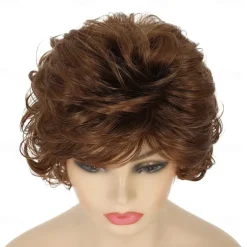 Short Wavy Brown Wigs for Women Fluffy Wavy Layered Wigs Synthetic Heat Resistant Halloween Cosplay Hair Wig with Wig CapAuburn Brown