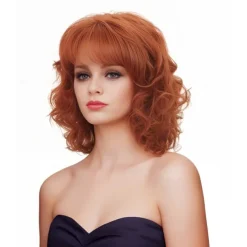 Short Wigs for Women Brunette Wavy Vintage Wig with Bangs Synthetic Shoulder Length Curly Natural Wig for Cosplay,Carnival,Daily Use Halloween Wigs