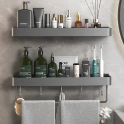 Shower Caddy Bathroom Shelves Wall Mounted Gun Grey Storage Organizer Rack Bathroom Kitchen Bathroom Hardware Pendant Bathroom Shelf Space Aluminum Shower Rack Corner Shelf Square Bath Shower Shelf