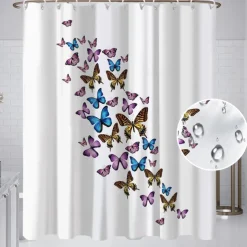 Shower Curtain with Hooks 180cm*180cm(70"*70") Polyester Washable Waterproof Pattern Bathroom Bathtub Decor Vintage Butterfly