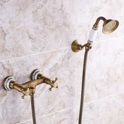 Shower Faucet Set - Handshower Included pullout Vintage Style / Country Antique Brass Mount Outside Ceramic Valve Bath Shower Mixer Taps / Two Handles One Hole