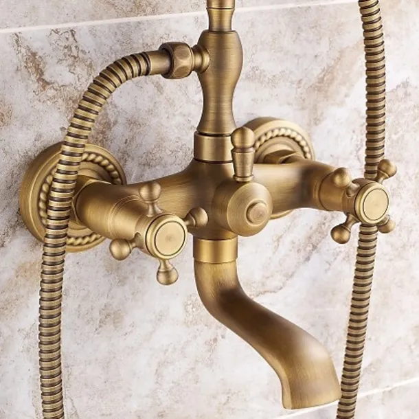 Shower Faucet Set Brass with Bathtub Spout Shower System, 2 Knob Handle Telephone Style Heldhand Showerhand 1.5m Hose Wall Mounted Tap