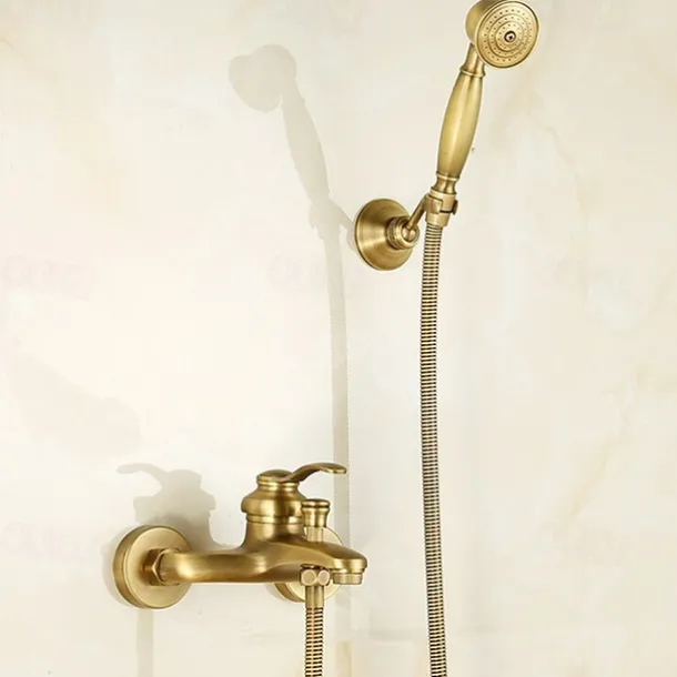 Shower Faucet Set,Mount Outside Antique Brass/Brass/Yellow Dual-Head Pullout Vintage Style, Brass Shower Faucet with Rain Shower/Handshower/Bodysprays/Drain with Hot and Cold Water