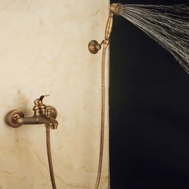 Shower Faucet Set,Mount Outside Antique Brass/Brass/Yellow Dual-Head Pullout Vintage Style, Brass Shower Faucet with Rain Shower/Handshower/Bodysprays/Drain with Hot and Cold Water