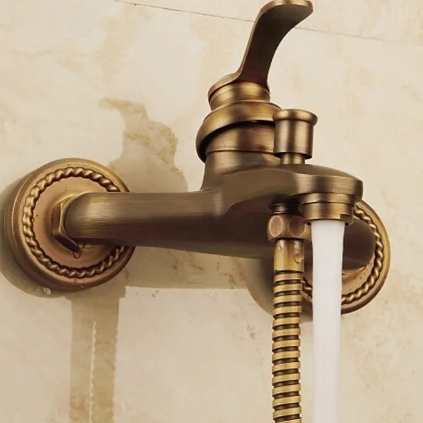 Shower Faucet Set,Mount Outside Antique Brass/Brass/Yellow Dual-Head Pullout Vintage Style, Brass Shower Faucet with Rain Shower/Handshower/Bodysprays/Drain with Hot and Cold Water