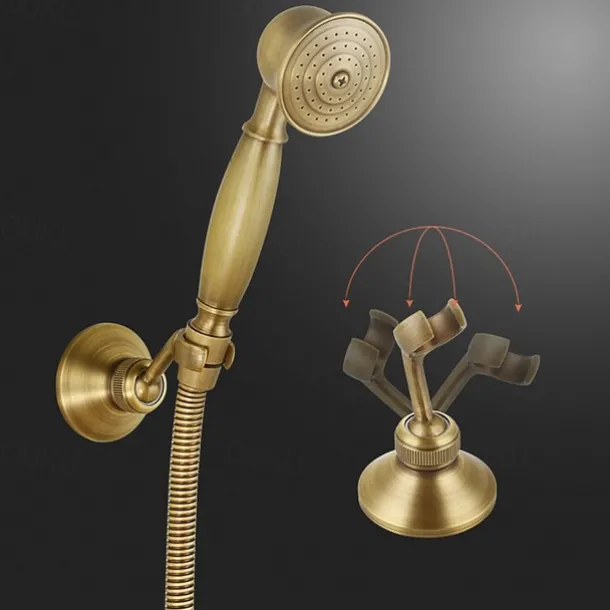 Shower Faucet Set,Mount Outside Antique Brass/Brass/Yellow Dual-Head Pullout Vintage Style, Brass Shower Faucet with Rain Shower/Handshower/Bodysprays/Drain with Hot and Cold Water