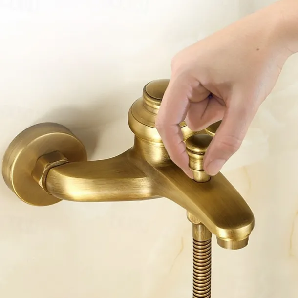 Shower Faucet Set,Mount Outside Antique Brass/Brass/Yellow Dual-Head Pullout Vintage Style, Brass Shower Faucet with Rain Shower/Handshower/Bodysprays/Drain with Hot and Cold Water