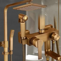 Shower Faucet,Antique Brass Shower System Set,Mount Outside Waterfall Pullout Included Multi Spray and Rainfall Shower Bath Shower Mixer Taps with Cold and Hot Switch