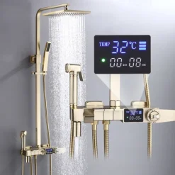 Shower Faucet,Shower System Rainfall Shower Head System Thermostatic Mixer valve Set - Handshower Included pullout Rainfall Shower Antique Country Nickel Brushed Mount Inside Ceramic Valve