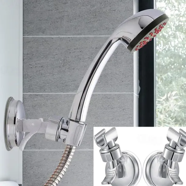 Shower Head Holder Suction Cup Shower Head Holder Adjustable Height Wall Mount Shower Wand Holder Bracket ABS Removable Handheld Shower Head Holder Silver