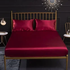 Silk Satin Fitted Sheet Bedding Fitted Sheet King/Queen/Double/Twin Size Deep Pocket Hotel Home Bedroom Wrinkle Fade Stain Resistant Soft