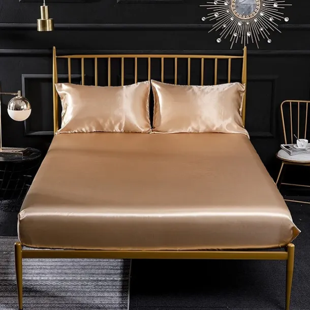 Silk Satin Fitted Sheet Bedding Fitted Sheet King/Queen/Double/Twin Size Deep Pocket Hotel Home Bedroom Wrinkle Fade Stain Resistant Soft