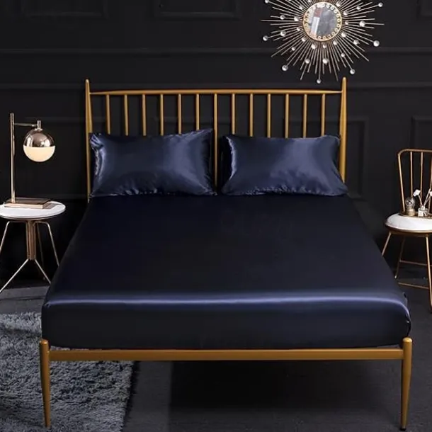 Silk Satin Fitted Sheet Bedding Fitted Sheet King/Queen/Double/Twin Size Deep Pocket Hotel Home Bedroom Wrinkle Fade Stain Resistant Soft