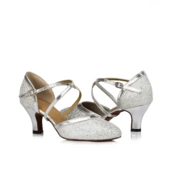 Silver Glitter Dance Shoes with Cross-Strap and Buckle Detail – Comfortable Ballroom and Latin Dance Heels for Women