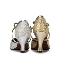 Silver Glitter Dance Shoes with Cross-Strap and Buckle Detail – Comfortable Ballroom and Latin Dance Heels for Women