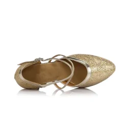 Silver Glitter Dance Shoes with Cross-Strap and Buckle Detail – Comfortable Ballroom and Latin Dance Heels for Women