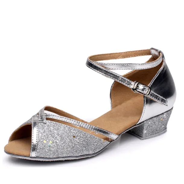 Silver Glitter Dance Shoes for Girls with Adjustable Strap – Latin, Ballroom, and Social Dance Footwear