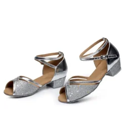 Silver Glitter Dance Shoes for Girls with Adjustable Strap – Latin, Ballroom, and Social Dance Footwear