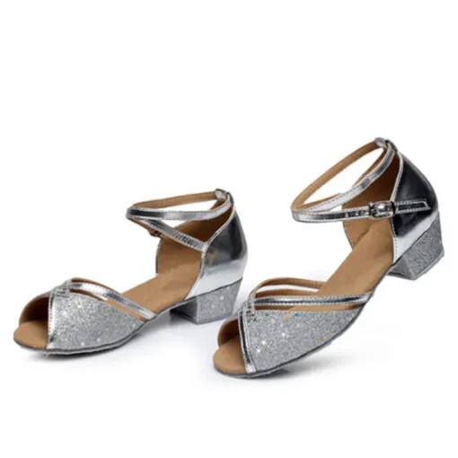 Silver Glitter Dance Shoes for Girls with Adjustable Strap – Latin, Ballroom, and Social Dance Footwear