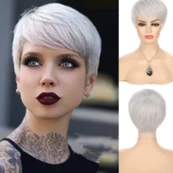 Silver Grey Wigs Short Hair Pixie Cut Straight Wig with Bangs Synthetic Cosplay Full Wigs for Women Heat Resistant Carnival Costume Party