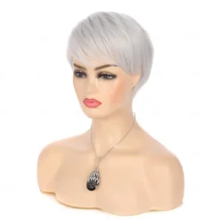 Silver Grey Wigs Short Hair Pixie Cut Straight Wig with Bangs Synthetic Cosplay Full Wigs for Women Heat Resistant Carnival Costume Party
