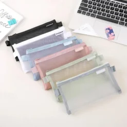 Simple Transparent Mesh Pencil Case Storage Student Pencil Bag Large Capacity Pouches Stationery Cosmetic Bags