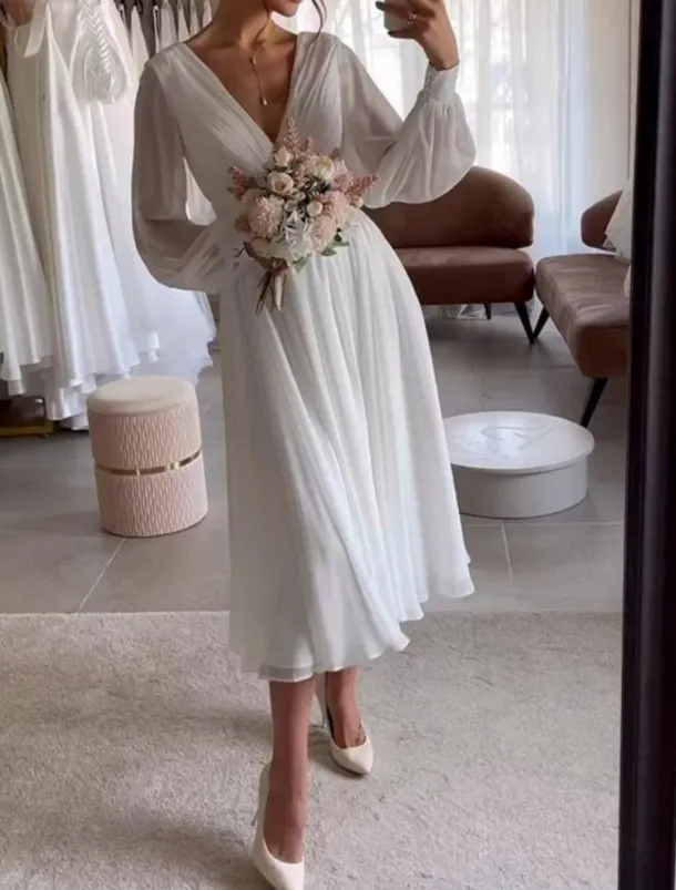 Simple Wedding Dresses Little White Dress Bridal Shower Dresses Wedding Dresses A-Line V Neck Long Sleeve Tea Length Chiffon Bridal Gowns With Pleats Solid Color