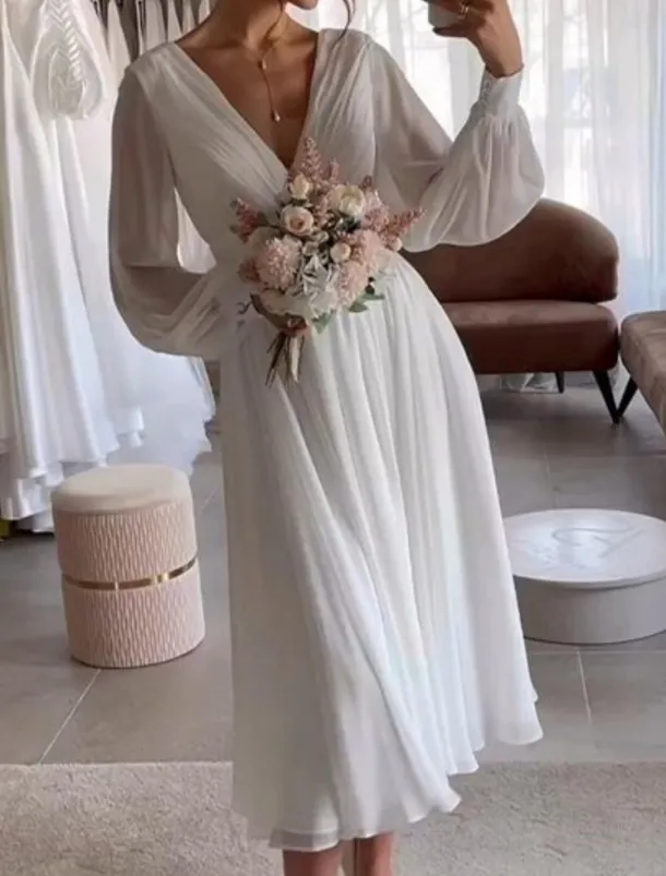 Simple Wedding Dresses Little White Dress Bridal Shower Dresses Wedding Dresses A-Line V Neck Long Sleeve Tea Length Chiffon Bridal Gowns With Pleats Solid Color