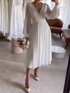Simple Wedding Dresses Little White Dress Bridal Shower Dresses Wedding Dresses A-Line V Neck Long Sleeve Tea Length Chiffon Bridal Gowns With Pleats Solid Color