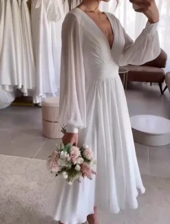 Simple Wedding Dresses Little White Dress Bridal Shower Dresses Wedding Dresses A-Line V Neck Long Sleeve Tea Length Chiffon Bridal Gowns With Pleats Solid Color