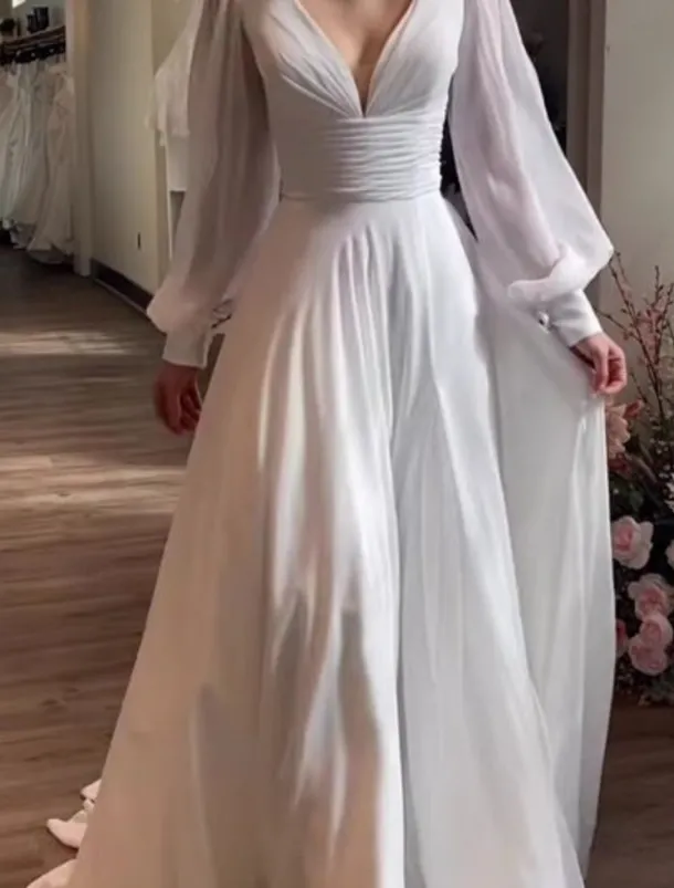 Simple Wedding Dresses Little White Dress Bridal Shower Dresses Wedding Dresses A-Line V Neck Long Sleeve Court Train Chiffon Bridal Gowns With Pleats Ruched
