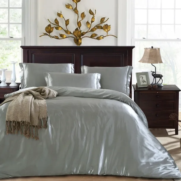 Simulation Silk Satin Solid Color Quilt Cover Pillowcase Bed Sheet Three-piece Set