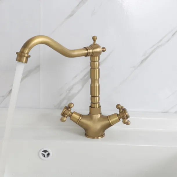 Single Handle Kitchen Faucet Antique Brass One Hole Rotatable Standard Spout/Tall/High Arc, Brass Antique/COD Kitchen Faucet with Supply Lines / Adjustable to Cold and Hot Water