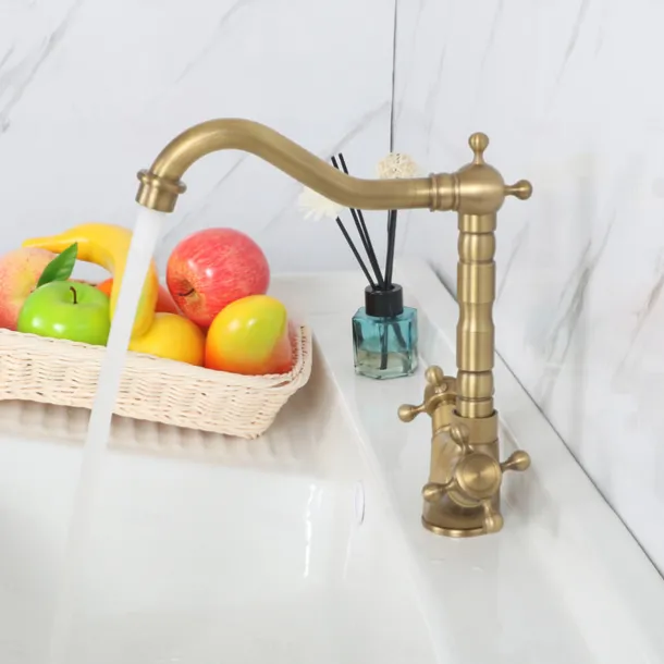 Single Handle Kitchen Faucet Antique Brass One Hole Rotatable Standard Spout/Tall/High Arc, Brass Antique/COD Kitchen Faucet with Supply Lines / Adjustable to Cold and Hot Water