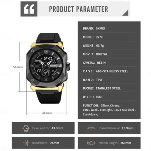 SKMEI Men Digital Watch Outdoor Sports Fashion Casual Luminous Stopwatch Alarm Clock Countdown TPU Watch