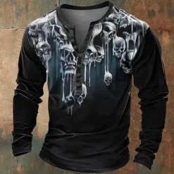 Skull Vacation Fashion Daily Men's 3D Print Henley Shirt Holiday Halloween T shirt Black Long Sleeve Henley Shirt Summer Spring Fall Clothing Apparel Normal S M L XL XXL XXXL