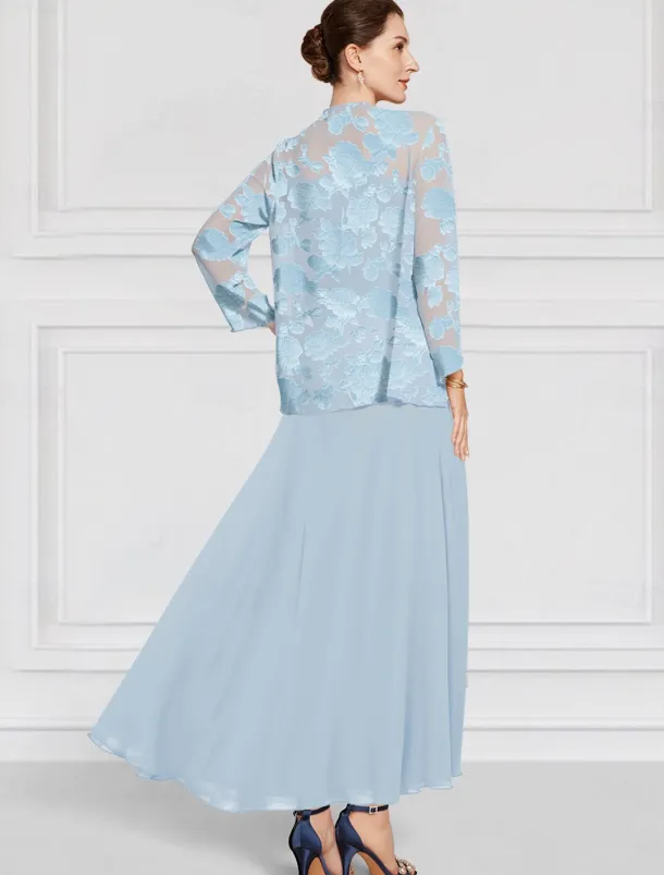 SkyBurnt Out Floral Lace Two Piece A-Line Mother of the Bride Dress Elegant Simple Minimalist Boat Neck Floor Length Chiffon 3/4 Length Sleeve with Jacket