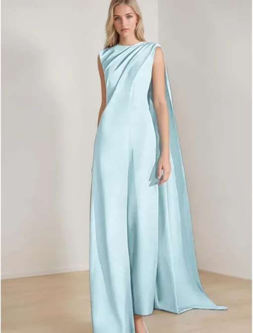 SkyDressy Jumpsuits Evening Gown Elegant Dress Wedding Wedding Guest Sweep / Brush Train Sleeveless Crew Neck Stretch Crepe with Drapes