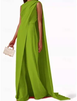 SkyDressy Jumpsuits Evening Gown Elegant Dress Wedding Wedding Guest Sweep / Brush Train Sleeveless Crew Neck Stretch Crepe with Drapes