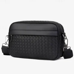 Sleek Black Woven Men's Crossbody Bag - Stylish Compact Design with Multiple Zippered Compartments, Ideal for Everyday Use and Travel