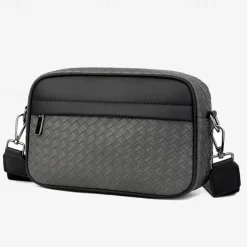 Sleek Black Woven Men's Crossbody Bag - Stylish Compact Design with Multiple Zippered Compartments, Ideal for Everyday Use and Travel