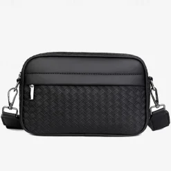 Sleek Black Woven Men's Crossbody Bag - Stylish Compact Design with Multiple Zippered Compartments, Ideal for Everyday Use and Travel