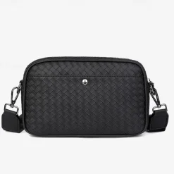 Sleek Black Woven Men's Crossbody Bag - Stylish Compact Design with Multiple Zippered Compartments, Ideal for Everyday Use and Travel