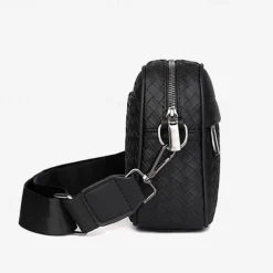 Sleek Black Woven Men's Crossbody Bag - Stylish Compact Design with Multiple Zippered Compartments, Ideal for Everyday Use and Travel