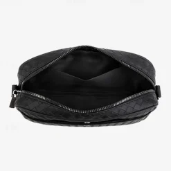 Sleek Black Woven Men's Crossbody Bag - Stylish Compact Design with Multiple Zippered Compartments, Ideal for Everyday Use and Travel