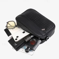 Sleek Black Woven Men's Crossbody Bag - Stylish Compact Design with Multiple Zippered Compartments, Ideal for Everyday Use and Travel